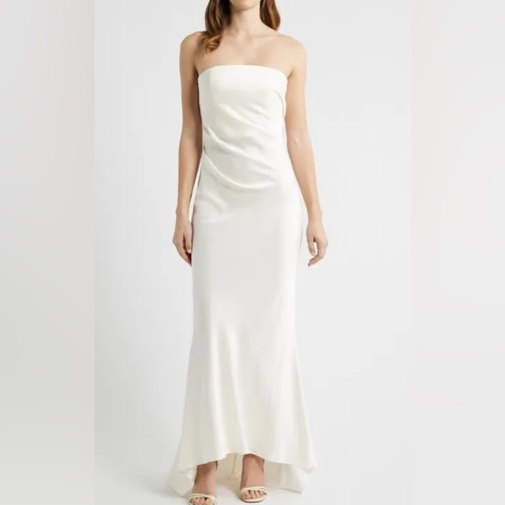 Strapless White Satin Evening Gown